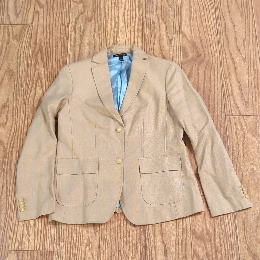 Lands End Linen + Wool Tan Blazer Light Blue Windowpane Pattern Women's Size 6